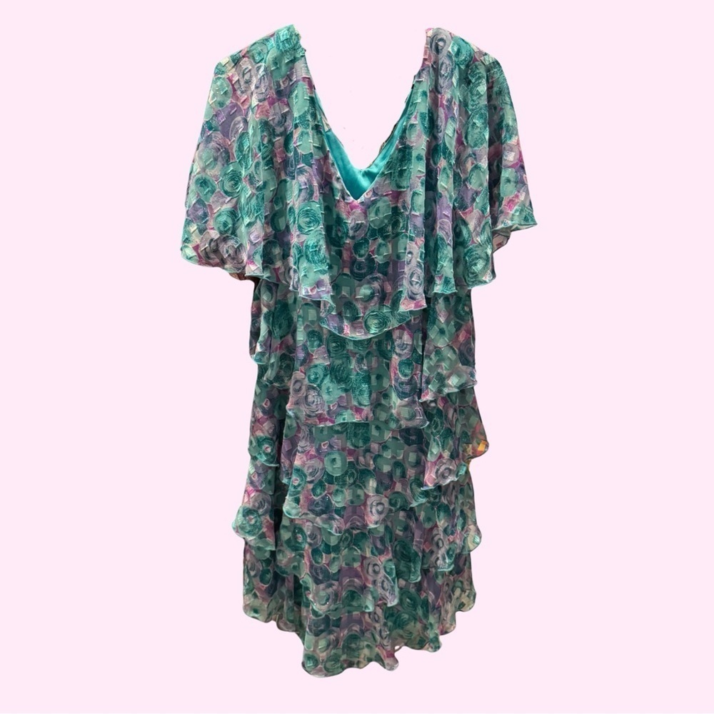Vintage 80s 90s Patra Iridescent Circles Tiered Dress with Lettuce Hem Size Med